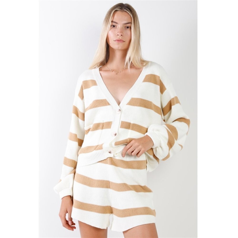 Womens Cardigan & Shorts Camel & Ivory Striped Oversized Knit Long Sleeve V Neck